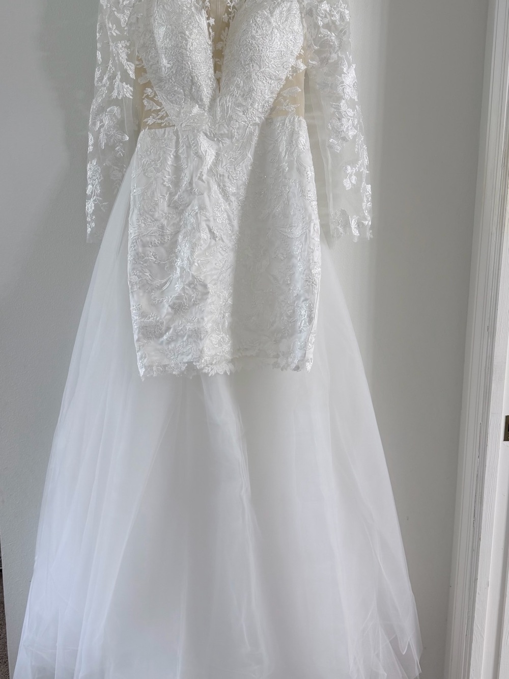Ivory Lace Illusion Long-Sleeve Bridal Gown - Picture 1 of 6